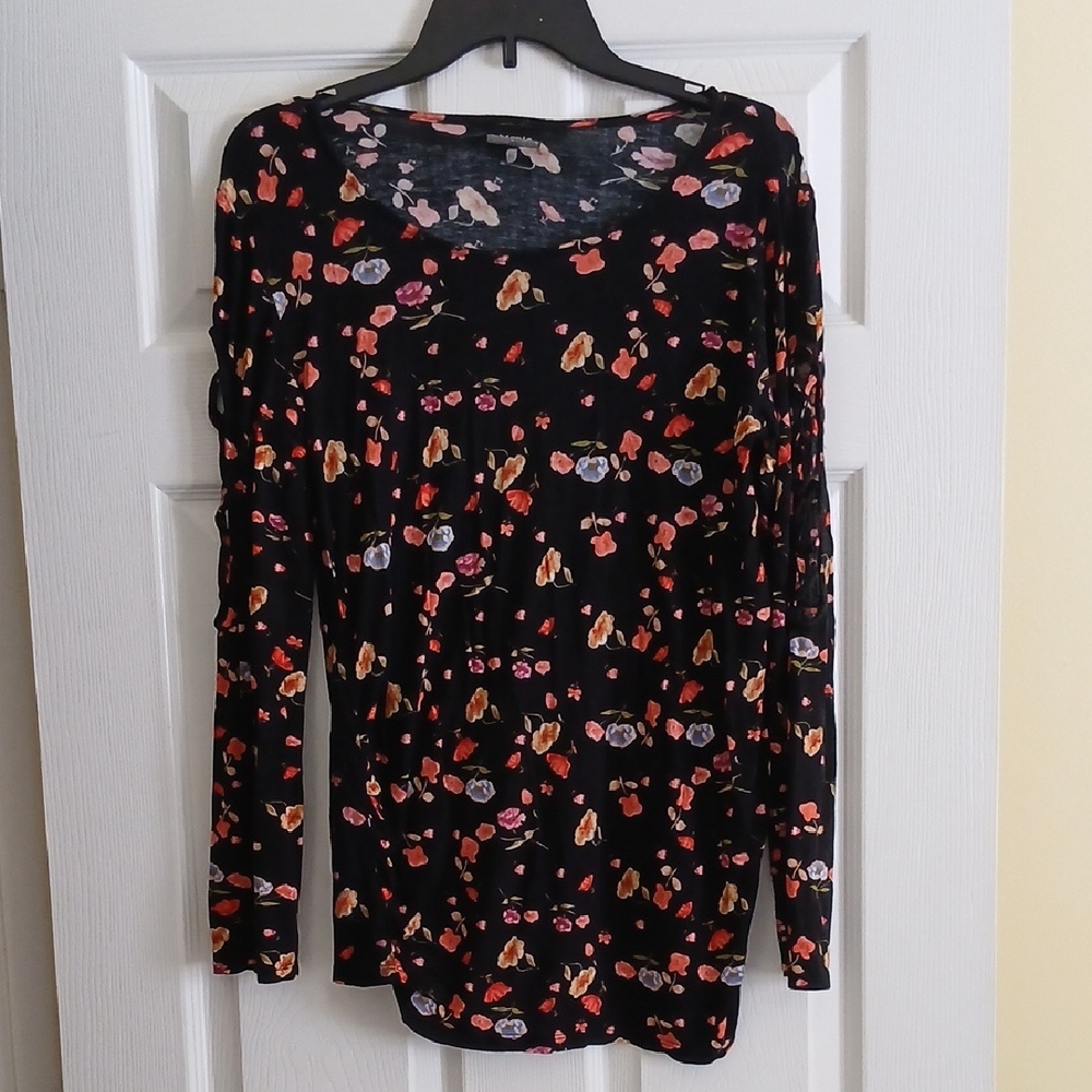 Hippie Chic Black Floral Long Sleeve Ruched Top Women's Large